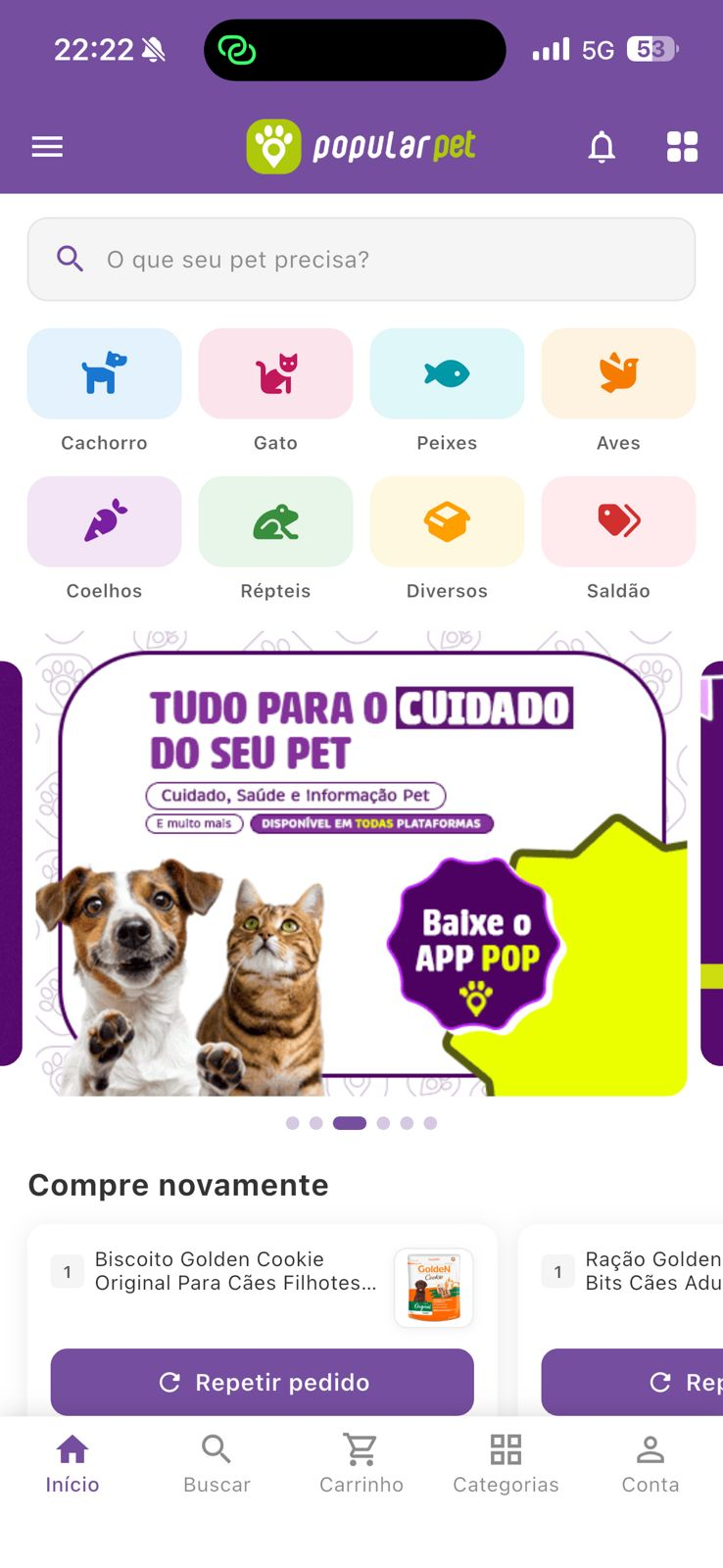 Tela do app Popular Pet