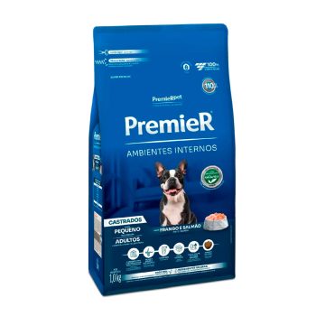 Ração Premier Cães Ambientes Internos Castrados Adultos Sabor Frango e Salmão 1kg