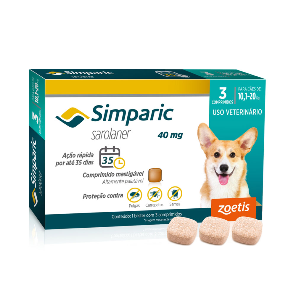 Simparic Antipulgas e Carrapatos Para Cães de 10,1 a 20kg - 3 Comprimidos