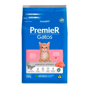 Ração Premier Ambientes Internos Gatos Filhotes Pelos Longos Salmão 500g
