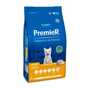 Ração Premier Ambientes Internos Cães Filhotes Raças Pequenas Sabor Frango e Salmão 12kg