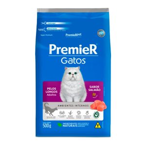 Ração Premier Ambientes Internos Gatos Adultos Pelos Longos Salmão 500g