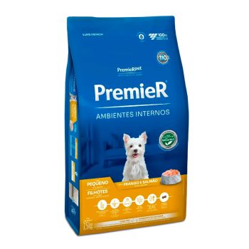 Ração Premier Ambientes Internos Cães Filhotes Raças Pequenas Sabor Frango e Salmão 7,5kg
