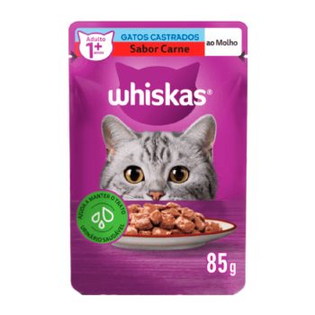 Ração Úmida Whiskas Sachê Gatos Adultos Castrados Carne ao Molho 85g