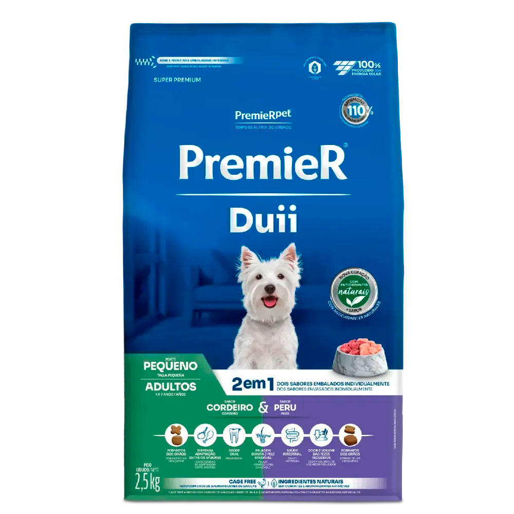 Ração Premier Duii Ambientes Internos Cães Adultos Porte Pequeno Cordeiro e Peru 2,5kg