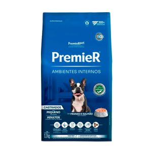 Ração Premier Ambientes Internos Cães Adultos Castrados Porte Pequeno Frango e Salmão 12kg
