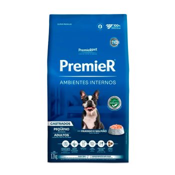 Ração Premier Ambientes Internos Cães Adultos Castrados Porte Pequeno Frango e Salmão 12kg