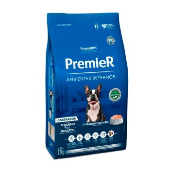 Ração Premier Cães Ambientes Internos Castrados Adultos Sabor Frango e Salmão 12kg