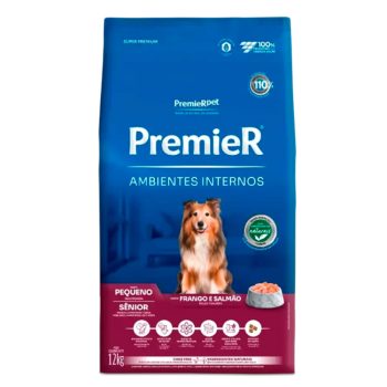 Ração Premier Ambientes Internos Cães Sênior Porte Pequeno Frango e Salmão 12kg