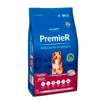 Ração Premier Ambientes Internos Para Cães Sênior Raças Pequenas Sabor Frango e Salmão 12kg