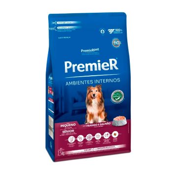Ração Premier Ambientes Internos Para Cães Sênior Raças Pequenas Sabor Frango e Salmão 2,5kg