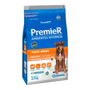Ração Premier Ambientes Internos Cães Adultos Porte Médio Sabor Frango e Salmão 2,5kg