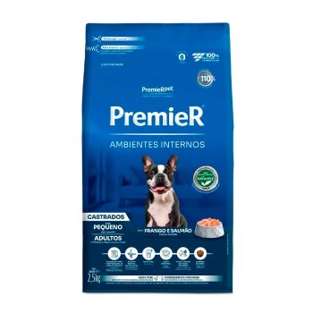 Ração Premier Ambientes Internos Cães Adultos Castrados Porte Pequeno Frango e Salmão 2,5kg