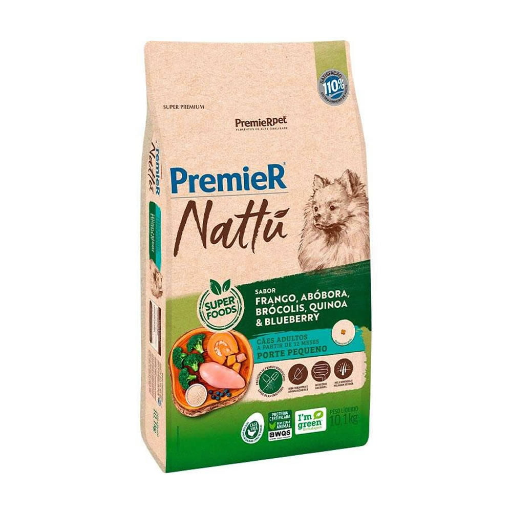 Ração Premier Nattu Cães Adultos Porte Pequeno Abóbora, Brócolis, Quinoa e Blueberry - 10,1kg