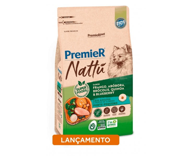 Ração Premier Nattu Cães Adultos Porte Pequeno Abóbora, Brócolis, Quinoa e Blueberry - 2,5kg