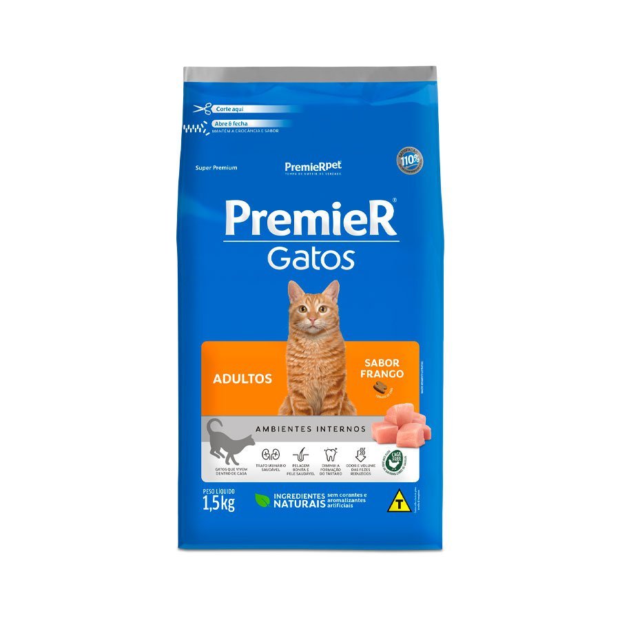 Ração Premier Gatos Adultos Ambientes Internos Frango - 1,5kg