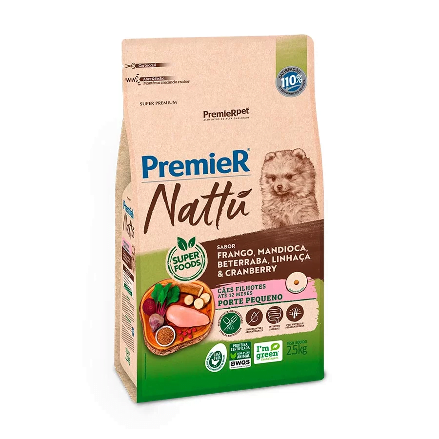 Ração Premier Nattu Para Cães Filhotes De Raças Pequenas Sabor Mandioca - 2,5kg