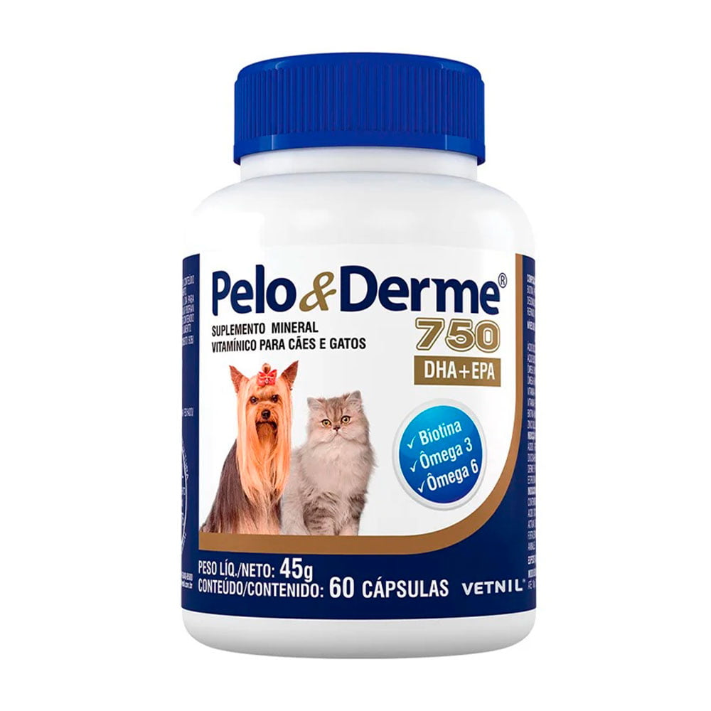 Suplemento Pelo & Derme 750mg DHA+EPA Para Cães e Gatos Vetnil - 60 Cápsulas