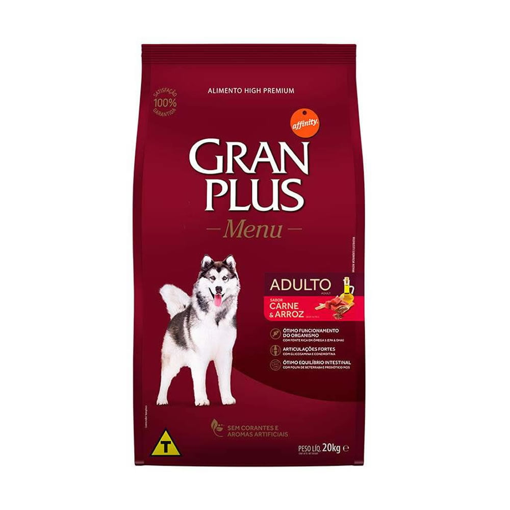 Ração GranPlus Menu Cães Adultos Porte Médio e Grande Carne e Arroz - 20kg