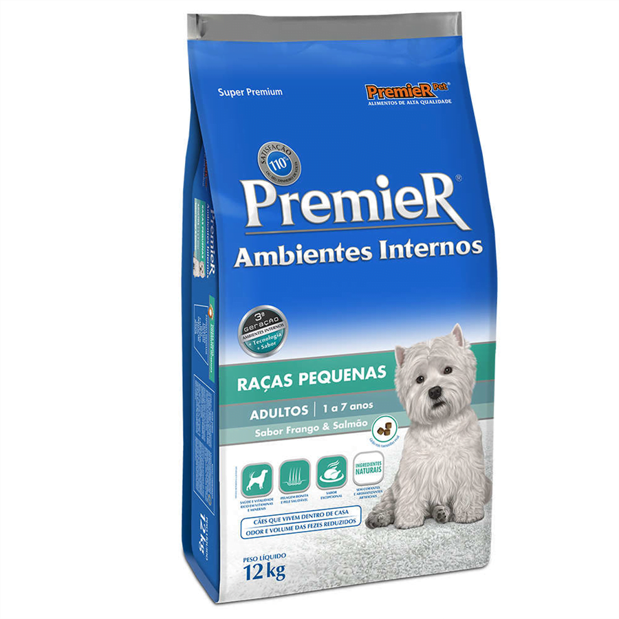 Ração Premier Ambientes Internos para Cães Adultos Raças Pequenas Sabor Frango e Salmão - 1kg