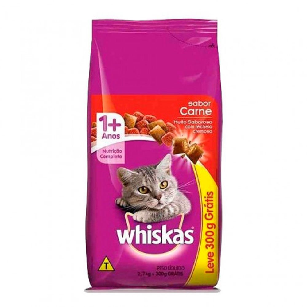 Ração Whiskas Para Gatos Adultos Sabor Carne - Leve 3kg Pague 2,7kg