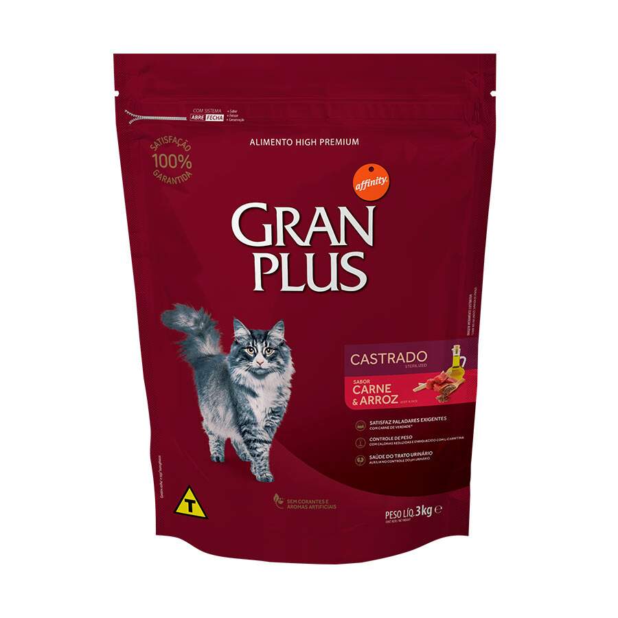 Ração GranPlus Gatos Adultos Castrados Carne e Arroz - 3kg