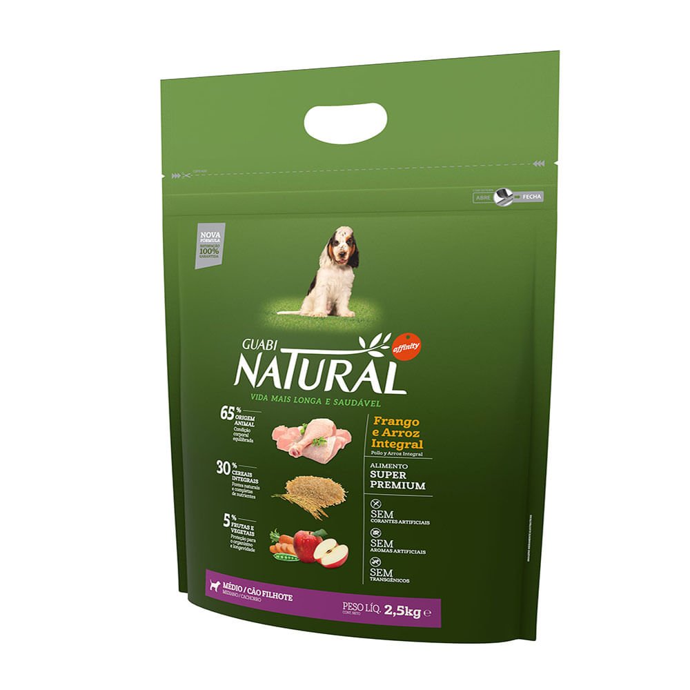Ração Guabi Natural Cães Filhotes Porte Médio Sabor Frango e Arroz Integral - 2,5kg
