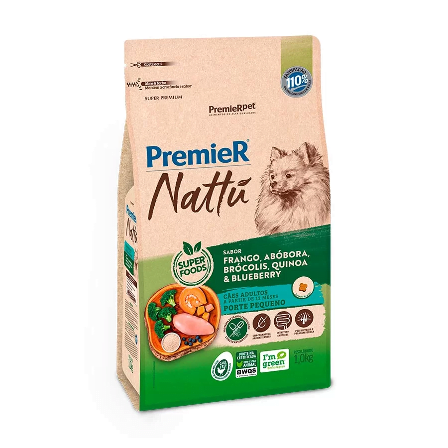Ração Premier Nattu Cães Adultos Porte Pequeno Abóbora, Brócolis, Quinoa e Blueberry - 1kg