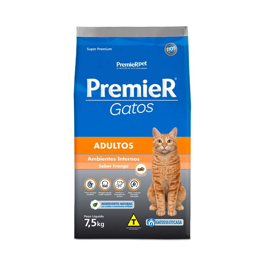 Ração Premier Gatos Adultos Ambientes Internos Frango - 7,5kg