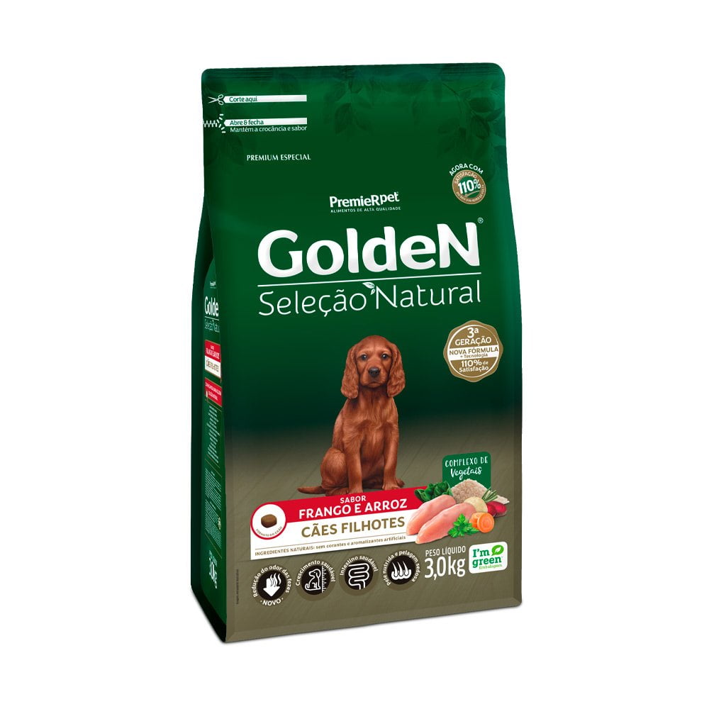 Ração Golden Seleção Natural Cães Filhotes Frango e Arroz - 3kg