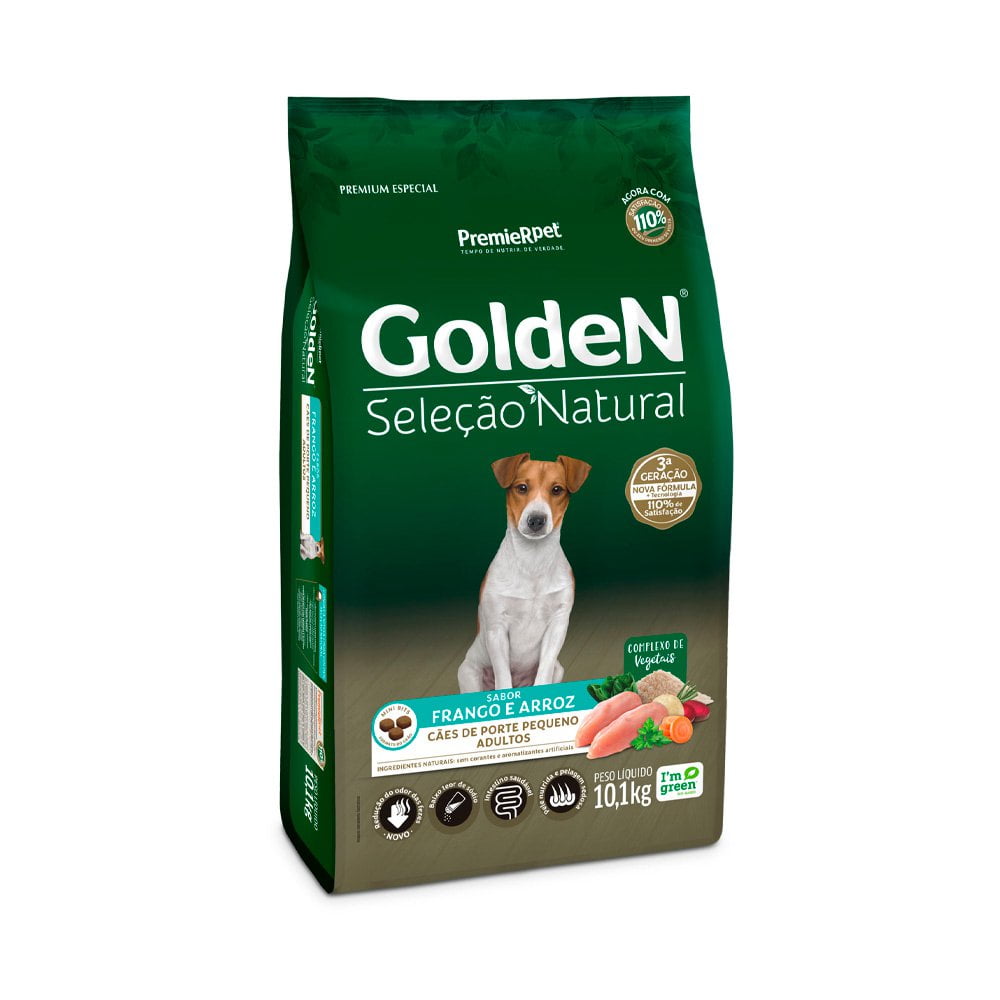 Ração Golden Seleção Natural Mini Bits Cães Adultos Porte Pequeno Frango e Arroz - 10,1kg