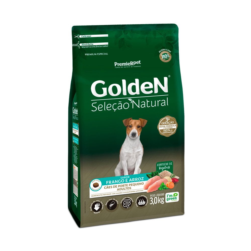 Ração Golden Seleção Natural Mini Bits Cães Adultos Porte Pequeno Frango e Arroz - 3kg