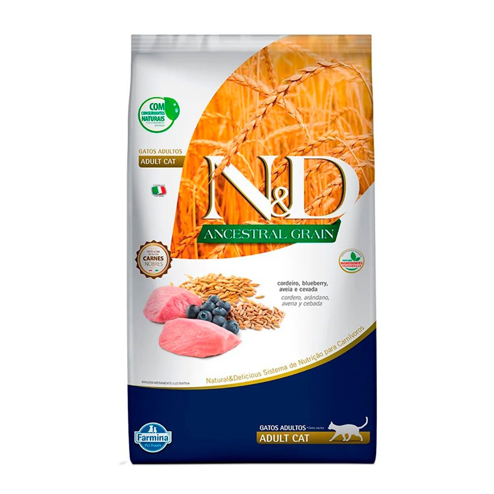 Ração Farmina N&D Ancestral Grain para Gatos Adultos Sabor Cordeiro, Blueberry, Aveia e Cevada - 7,5kg