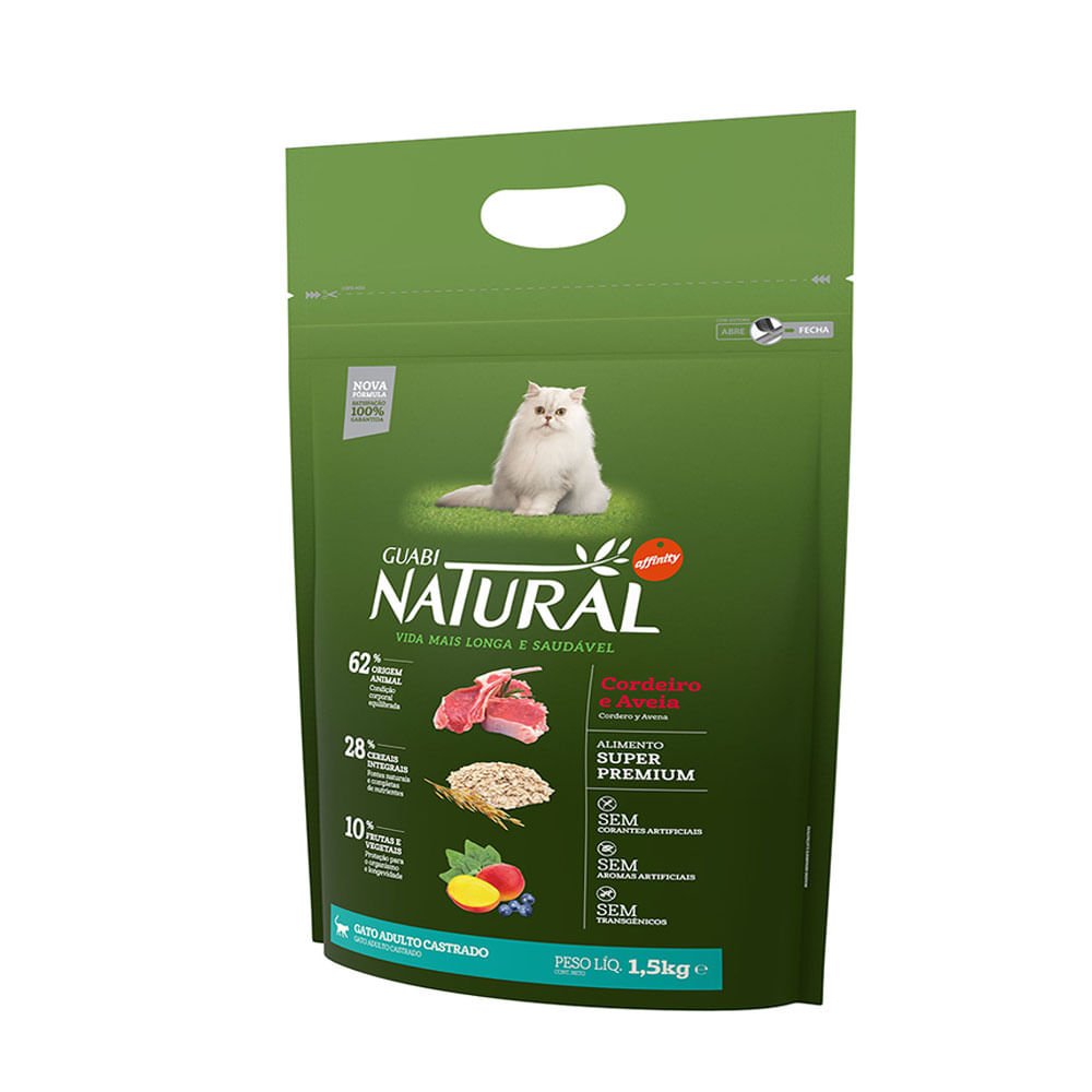 Ração Guabi Natural Para Gatos Adultos Castrados Sabor Cordeiro e Aveia - 1,5kg