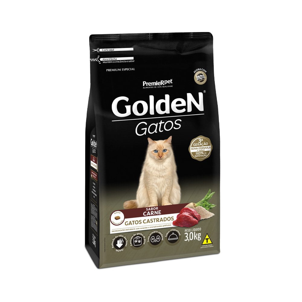 Ração Golden Gatos Adultos Castrados Carne - 3kg