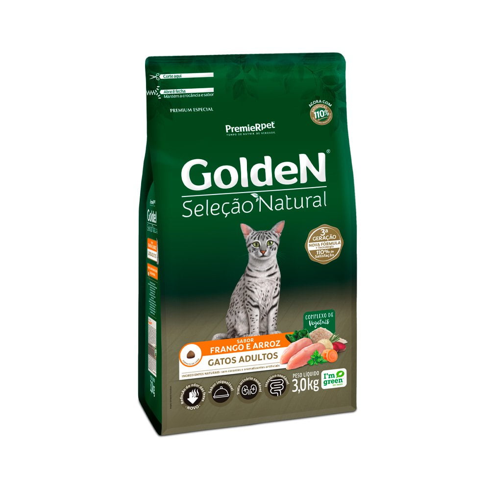 Ração Golden Seleção Natural Gatos Adultos Frango e Arroz - 3kg