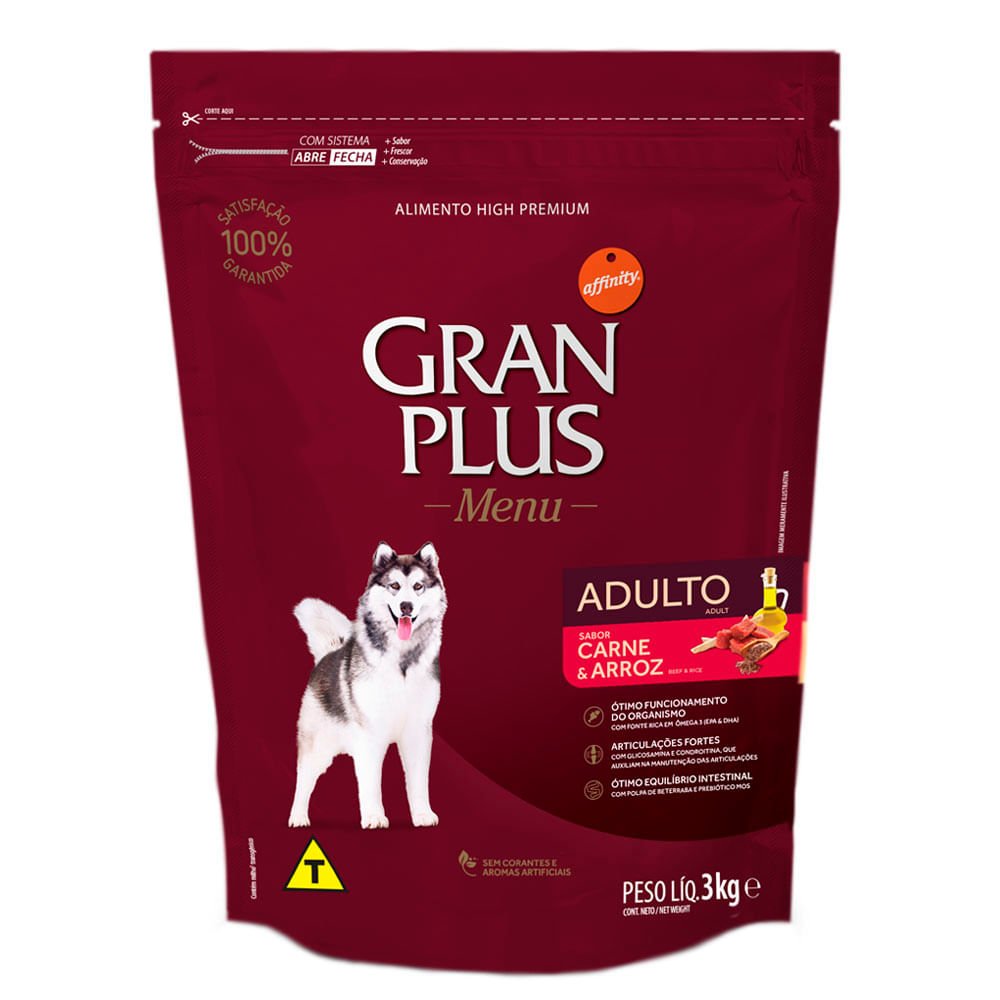 Ração GranPlus Menu Cães Adultos Porte Médio e Grande Carne e Arroz - 3kg