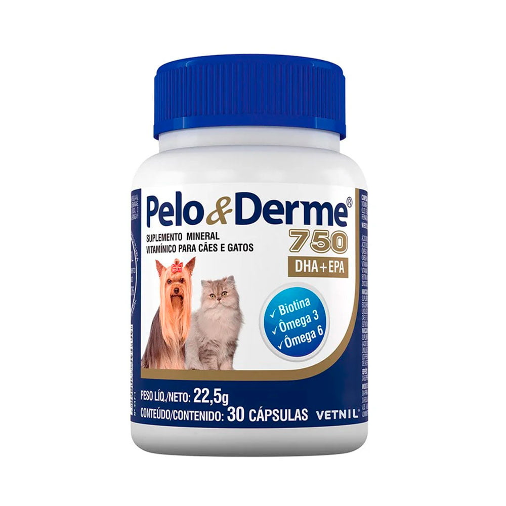 Suplemento Pelo & Derme 750mg DHA+EPA Para Cães e Gatos Vetnil - 30 Cápsulas