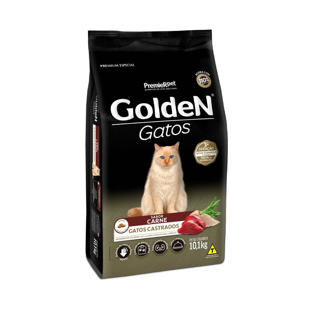 Ração Golden Gatos Adultos Castrados Carne - 10,1kg