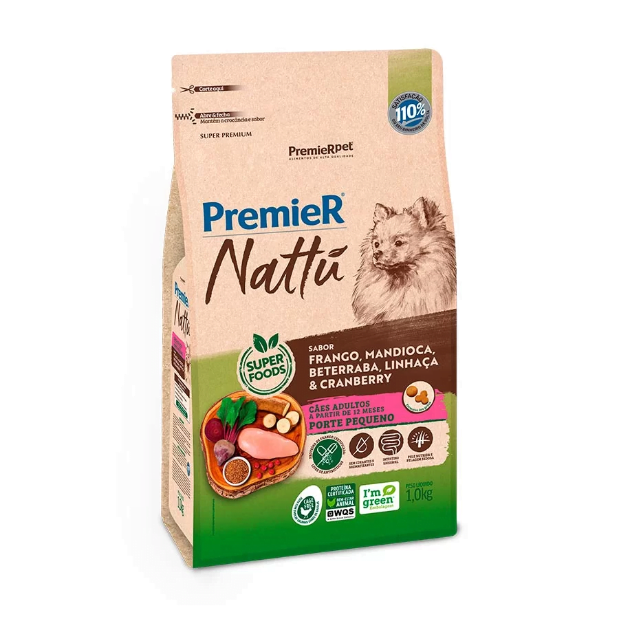 Ração Premier Nattu Cães Adultos Porte Pequeno Mandioca - 1kg