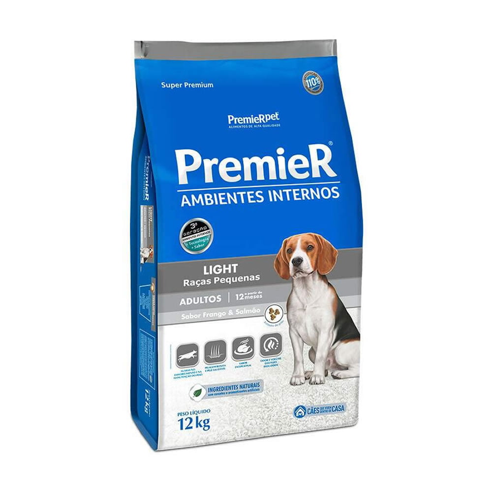 Ração Premier Pet Ambientes Internos Light para Cães Adultos de Raças Pequenas - 12kg