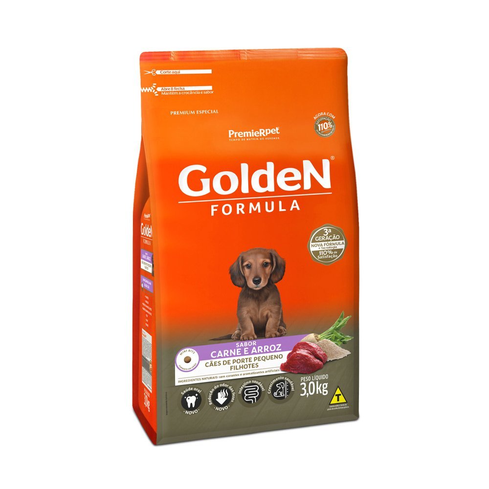 Ração Golden Fórmula Mini Bits Cães Filhotes Porte Pequeno Carne e Arroz - 3kg