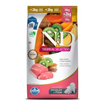 Ração Farmina N&D Tropical Selection Para Cães Filhotes Raças Médias e Grande Suíno, Cereais e Frutas Tropicais 10kg + 2kg