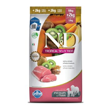 Ração Farmina N&D Tropical Selection Para Cães Adultos Raças Médias e Grande Suíno, Cereais e Frutas Tropicais 10kg + 2kg