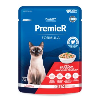 Ração Úmida Premier Fórmula Sachê Para Gatos Adultos Castrados Frango, Brócolis e Cenoura 70g