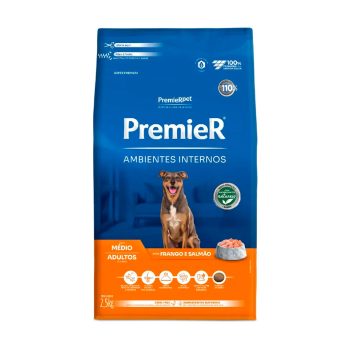 Ração Premier Ambientes Internos Cães Adultos Porte Médio Frango e Salmão 2,5kg