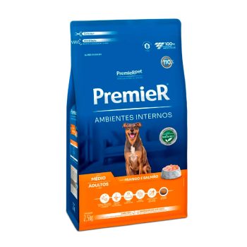 Ração Premier Ambientes Internos Cães Adultos Porte Médio Sabor Frango e Salmão 2,5kg