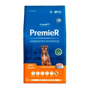 Ração Premier Ambientes Internos Cães Adultos Porte Médio Frango e Salmão 12kg