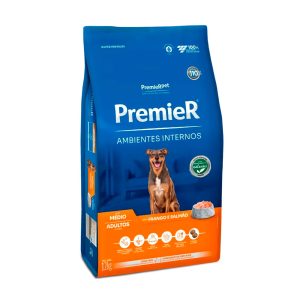 Ração Premier Ambientes Internos Cães Adultos Porte Médio Sabor Frango e Salmão 12kg