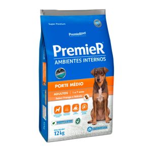 Ração Premier Ambientes Internos Cães Adultos Porte Médio Sabor Frango e Salmão 12kg